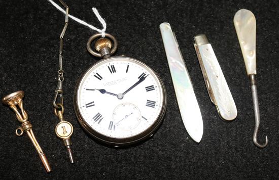 Victorian silver keyless pocket watch, a fob key with carnelian seal matrix, etc.